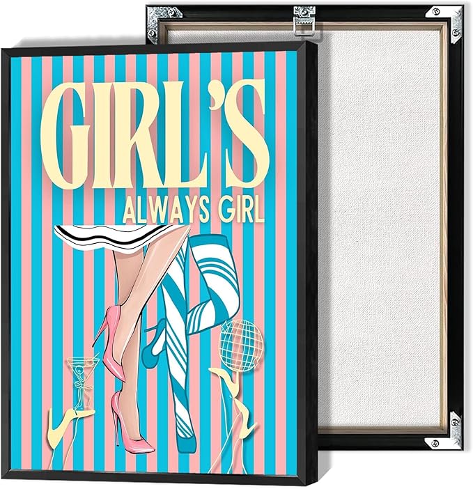 Trendy Always Girls High Heels Poster Funny Cocktail Disco Ball Canvas Wall Art Preppy Blue And Pink Stripes Feminine Girly Prints Painting For Living Room Bedroom Wall Decor 16x24in Framed