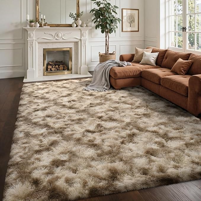 Area Rugs for Living Room 8x10Ft, Soft Fluffy Shagg Plush Bedroom Rug Non-Slip,Large Carpet for Nursery Kids Dorm Home Decor, Khaki