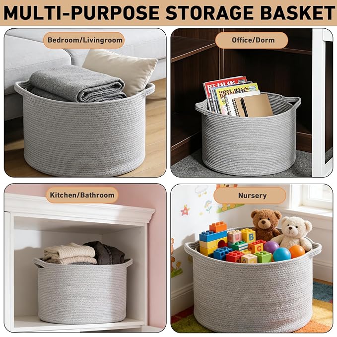 115L Extra Large Blanket Basket,Woven Rope Laundry Basket Hamper with Handles, Decorative Nursery Basket Storage Bin for Toys, Clothes Organizer, Living Room, Bedroom, Bathroom, Light Grey