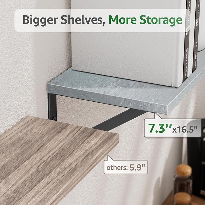 COCOYA Wall Shelves 7.3" Deep Set of 2, Solid Paulownia Wood Wider Longer Sturdy Easy to Install Wall Mounted Bookshelves Storage Shelves Bathroom Home Office Laundry Room Bedroom Organizer Gray