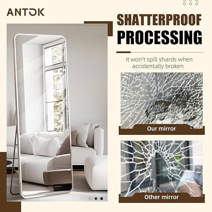 Antok Over The Door Mirror Full Length, 49'' x 14''Wall Mounted Hanging Mirror, Aluminum Alloy Frame, Shatterproof Glass, No Drill Installation for Bedroom, Closet, Bathroom, Dorm, Round Corner, White