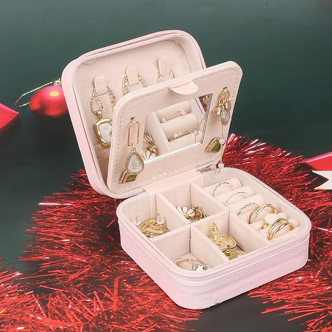 OceeK Travel Jewelry Case Box with Mirror,Travel Jewelry Box Organizer Holder Stocking Stuffers,Pink,1 Pack