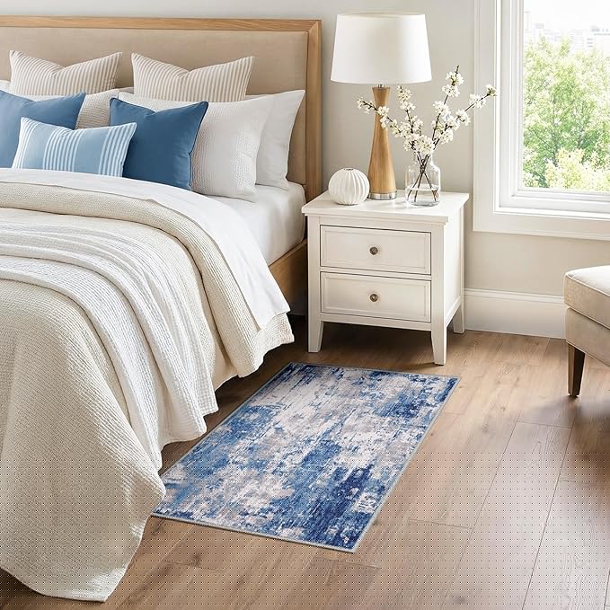RELEANY Washable Area Rugs 3x4 Non-Slip Modern Abstract Soft for Living Room Entryway Bedroom Nursery, Print Pattern, Blue Grey Navy Gray