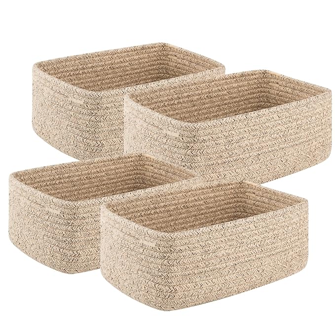 OIASKET 4 Pack Small Storage Shelf Baskets for Organizing, Mini Woven Rope Storage Bins for Towels, Cute Decorative Closet Organizer，Baby Nursery, Gift Empty Baskets -13''Lx8.66''Wx5.11''H-Brown