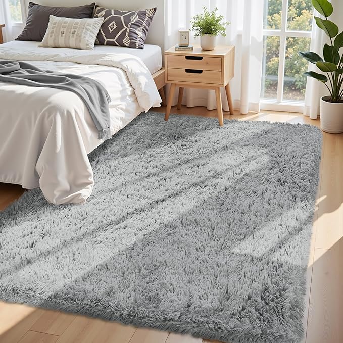 5x7 Area Rug for Living Room:Ultra Soft Fluffy Shag Light Grey Rugs,Large Fuzzy Plush Indoor Non Slip Carpet Washable Rug for Bedroom Kids Nursery Office Dorm Modern Decor(Light Grey 5'x7')