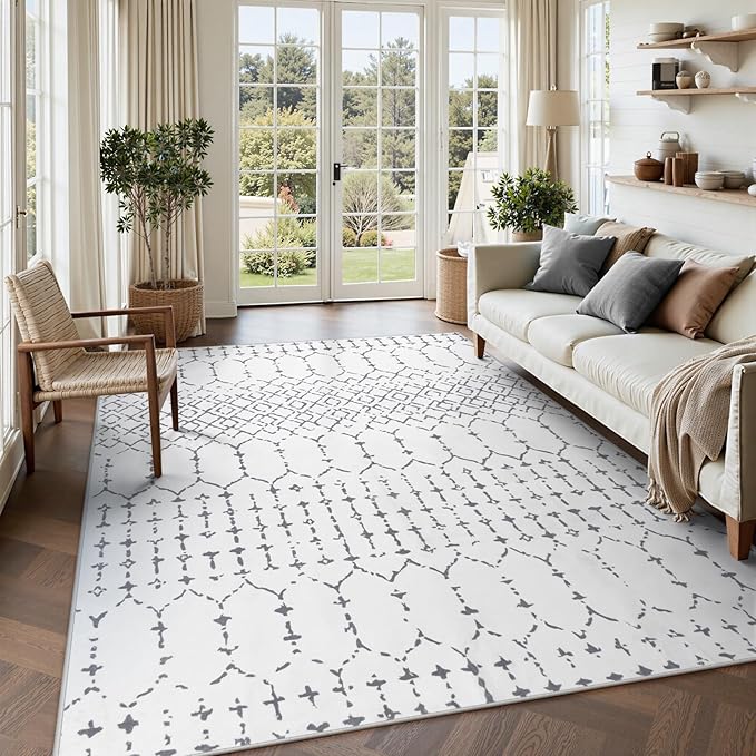 Lahome Moroccan 8x10 Rugs for Living Room - Non-Slip Washable Ultra-Thin Large Rug for Dining, Modern Geometric Print Indoor Soft Carpet for Bedroom Office Hana, White