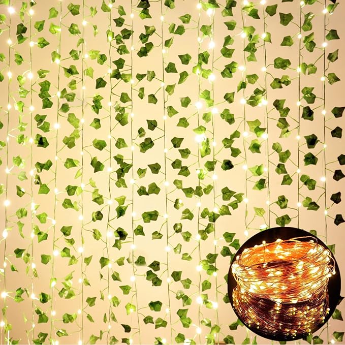 Comtelek Fake Vines for Room Decor Artificial Ivy Garland with 100 LED String Light Hanging Plants Faux Greenery Leaves Bedroom Aesthetic Decor for Home Garden Wall Wedding（6Pack with 100LED）