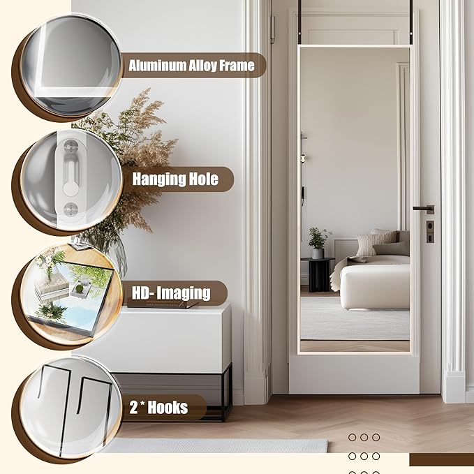 Antok 47''x 14'' Full Length Mirror Over Door, 3-in-1 Standing Leaning Wall Mounted, Adjustable Hanging Mirror for Bedroom Living Room, White, Rect Corner
