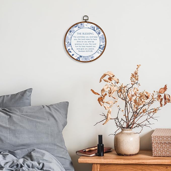 KSDUT Christian Floral Wall Decor Art - Blue Flower Trendy Retro Wall Art Canvas Frame Hanging Prints, Bible Verse Preppy Round Wall Art Decor for Grandmillennial Home Bedroom Decorations 10"x10"