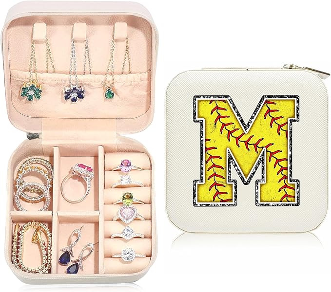 Softball Initial M Travel Jewelry Case,Valentine's Day Gift Softball Gifts for Teen Easter,Jewelry Box Personalized Softballs Accessories Letter Birthday Gifts for Players Coach Team Mom