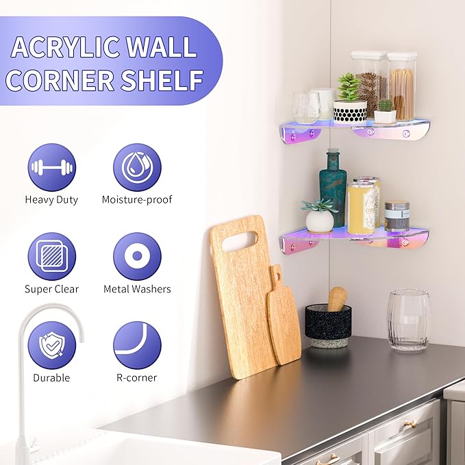 Sezanrpt 7x7 Inch Corner Shelf Wall Mount Set of 2, Iridescent Acrylic Corner Floating Shelves, Corner Wall Organizer Shelf for Bathroom, Kitchen, Bedroom, Living Room, Dining Room, Office