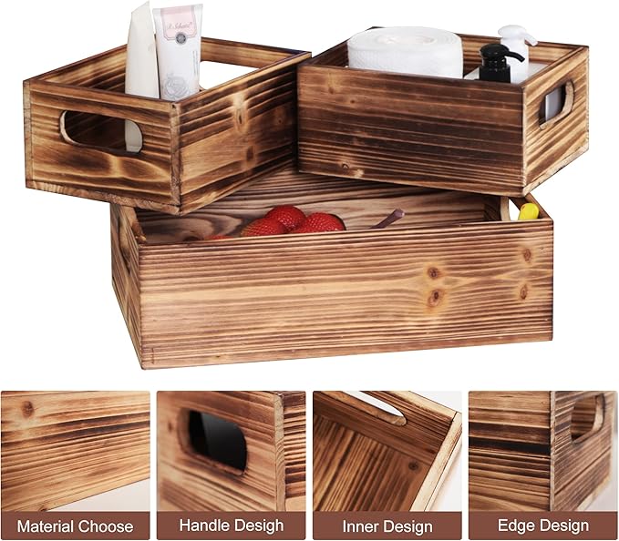 PHOENANCEE Wooden Crate Stackable Decorative Wood Crates set of 3 for Storage Display Rustic Nesting Box Basket Home Decoration Boxes Container Bin with Handles Farmhouse Decor,Solid Pine,L+M+S