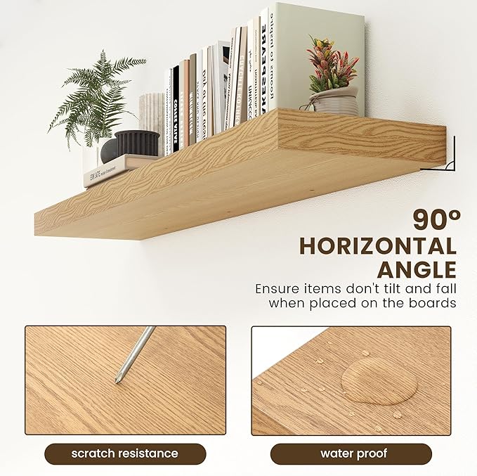 FLYJOE 12 Inch Deep Floating Shelves | 55 Inch Oak Floating Shelves | 55" W x 12" D Rustic Wood Shelves for Wall | Deep Oak Shelves for Living Room Bathroom Laundry Room Kitchen