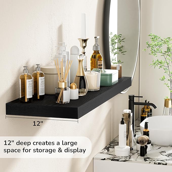 Fun Memories Floating Shelves - 2 Pack 12 Inch Rustic Wooden Wall Shelves - Extra Deeper & Thicker Wall Mounted Storage Shelf for Living Room, Kitchen, Farmhouse - 36" W x 12" D x 1.8"H - Rustic Black