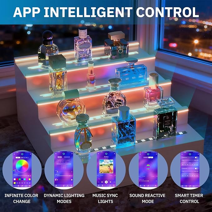 RGB LED Lighting Perfume & Cologne Organizer for Men with APP Control,Music Beat Sync LED,Cologne Stand Shelf,4-Tier white Wood,Ideal Gift for Men,Includes 12V Power Adapter for Instant Use (white)