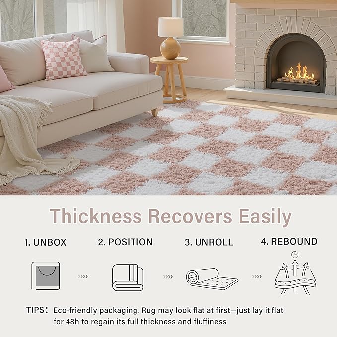 PureCozy Checkered 4x4 Round Rug for Playroom, Pink and White Modern Shag Rugs Super Soft Washable Fluffy Carpet Indoor Office Fuzzy for Bedroom Living Romm Home Dorm Aesthetic Decor