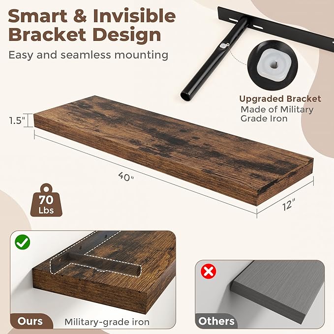 Fun Memories 12 Inch Deep Floating Shelves, 40 x 12 Floating Shelves for Wall Set of 2, Extra Deeper Hanging Wood Wall Shelves for Bedroom, Living Room, Kitchen, Rustin Brown