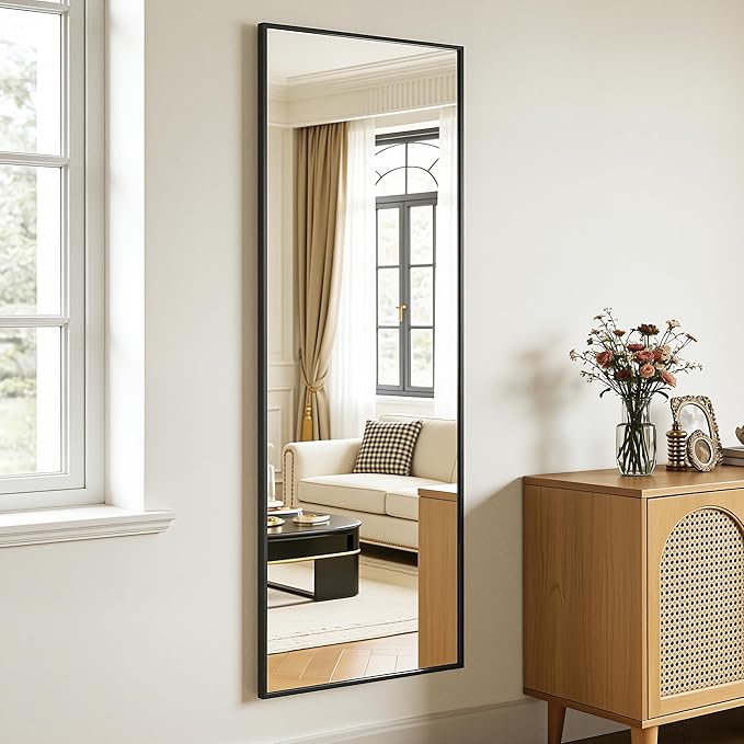Antok Full Length Mirror, 58"x19" Floor Mirror with Stand, Hanging Mounted Mirrors for Bedroom, Living Room, Cloakroom, Dining Room, Black, Rect