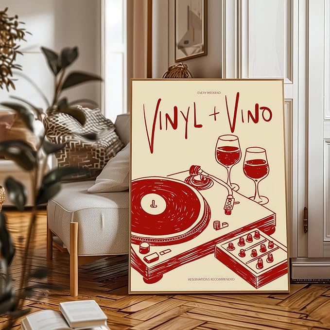 Vintage Wall Art Vinyl & Vino Canvas Poster Trendy Music Poster Retro Music Records Canvas Wall Art Modern Mid Century Vinyl Lover Aesthetic Prints Painting for Home Wall Decor, 16x24inch Unframed