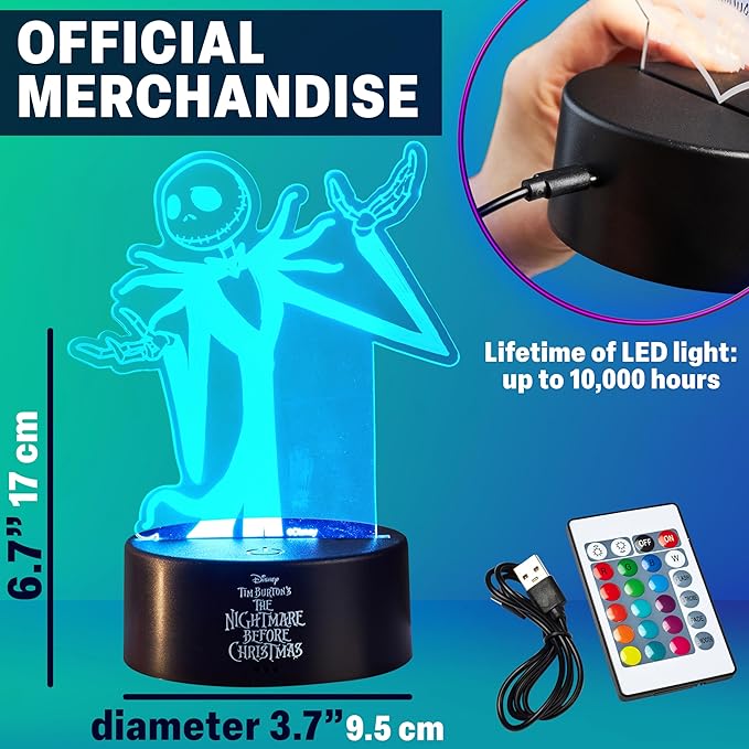 Get Trend Disney The Nightmare Before Christmas LED Table Lamp, Desk Lamp, Remote Control Night Light 4 Light Modes, USB Battery Power, Gifts for Boys (Multi Jack Skellington)