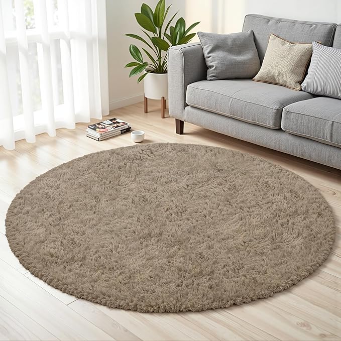 Gray Camel Round Fluffy Rug 5ft,Soft Bedroom Circle Rugs Mats for Kids Girls Nursery Room,Washable Plush Shaggy Indoor Non Slip Rug for Bedside Living Room Bedroom Circular Carpet,Home Decor Aesthetic