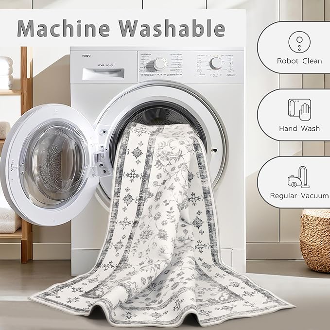 Srugn Washable Rugs 8x10 Area Rugs for Living Room,Rugs for Bedroom,Large Carpets,Ultra Soft Faux Wool Retro Dining Room Rug,Non Slip&Non-Shedding Low Pile Vintage Print Rug for Home Office-Grey