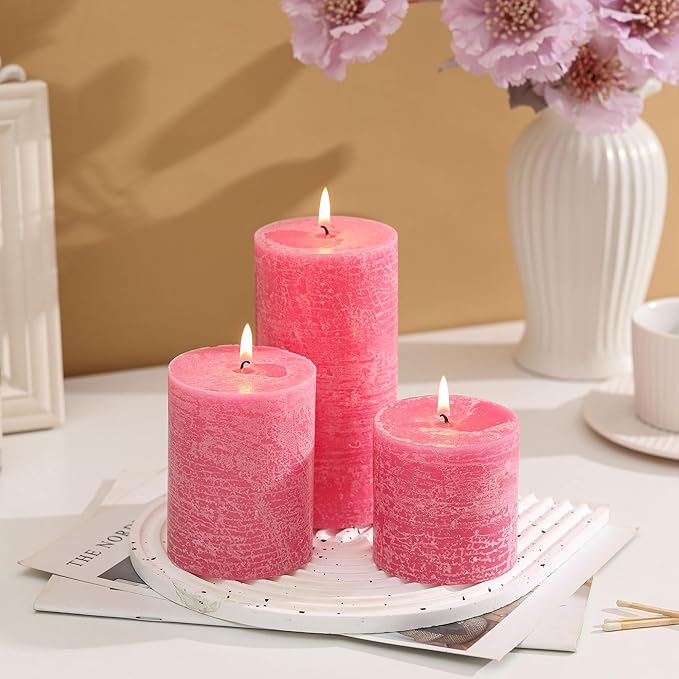 3x6 Inch Pink Pillar Candles Set of 3 - Hand-Poured Unscented Candles, Long Clean Burning, Smokeless Dripless Candle for Dinner Table, Home, Bathroom, Wedding, Valentines Day Decor