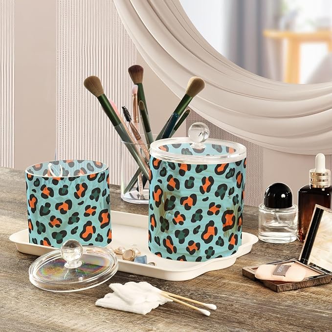 Leopard Print Orange Cyan Blue Clear Plastic Makeup Organizer Storage with lid Bathroom Essentials Decorative Dental floss storage jar for Cotton Swabs,Cotton Pads,Floss Picks,Paper