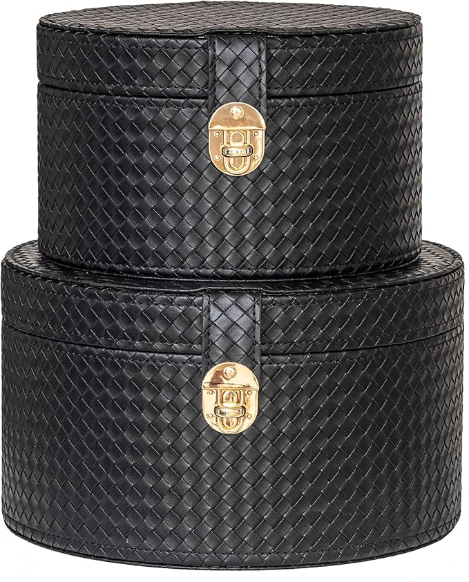 Large Leather Decorative Boxes Set of 2 Round Hat Box Bin Basket with Lid for Shelf Coffee Table Storage Remotes Modern Home Decor (black)