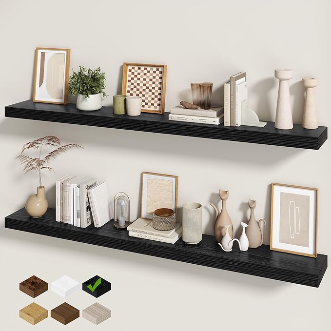 Fun Memories 60 Inch Fireplace Mantel - Long Floating Shelf, Wall Mounted Farmhouse Display with Invisible Heavy Duty Metal Bracket, Balck, 2 Pack