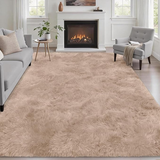 6x9 Area Rugs for Living Room Bedroom: Ultra Soft Fluffy Shag Rug Upgrade Non-Slip Non-Shedding Large Fuzzy Plush Carpet Indoor Floor Carpets for Kids Room Playroom Nursery Dorms Home Decor Beige