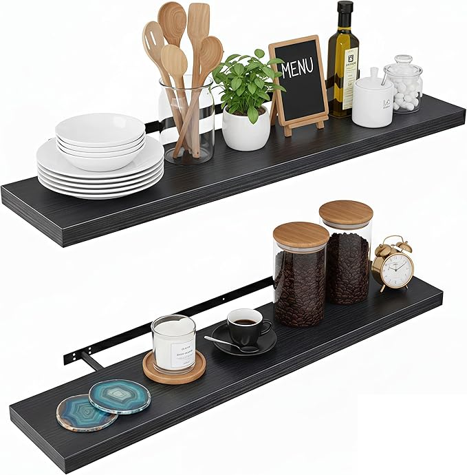 Lufia Floating Wall Shelves, Set of 2, MDF with Invisible Brackets, Modern Storage for Bedroom, Bathroom, Living Room, Kitchen (Black, 32" W x 7" D x 1.5" H)