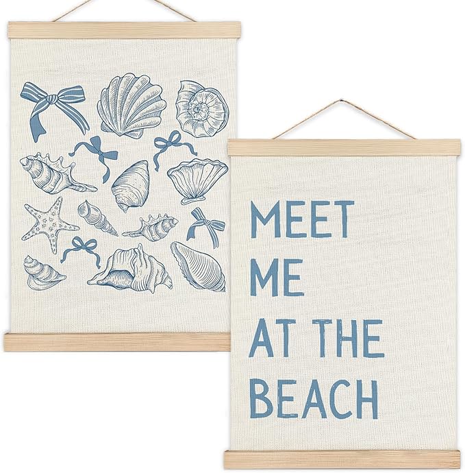RYYCDOI Seashell Cowgirl Beach Room Decor Set of 2, Meet Me At The Beach Wall Decor, Blue Beach Decor for Teen Girls Room, 12x16 Inches