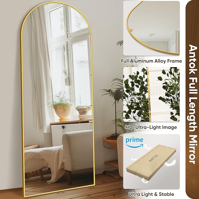 Antok Arched Full Length Mirror, 58"x19" Gold Metal Frame Floor Mirror for Bedroom Living Room, Freestanding/Wall Mount/Leaning
