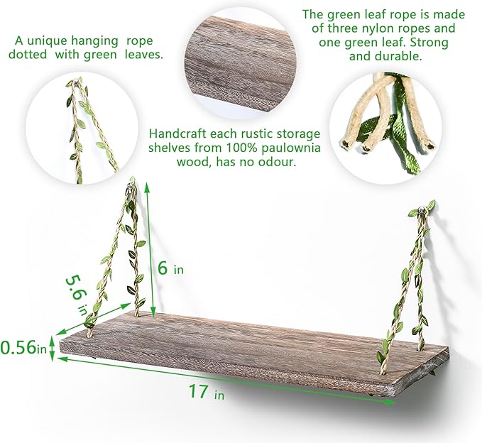 MITIME Leaf Rope Hanging Floating Shelves, Wall Swing Storage Shelf for Home Decor.17, 3-Pack (Retro Color)