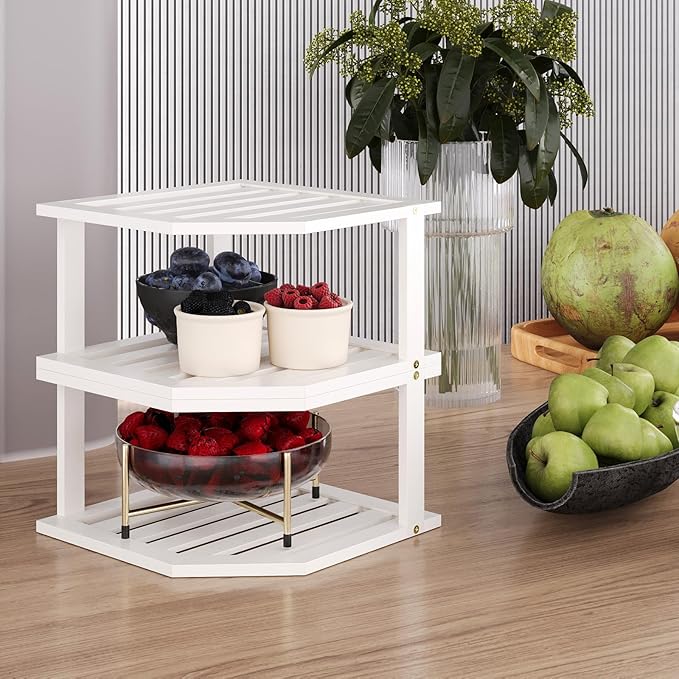 VERTORGAN Bamboo Corner Shelf(2 Pack),2 Tier Plate Organizer for Cabinet and Countertop,Pantry Dish and Spice Rack for Kitchen(White)