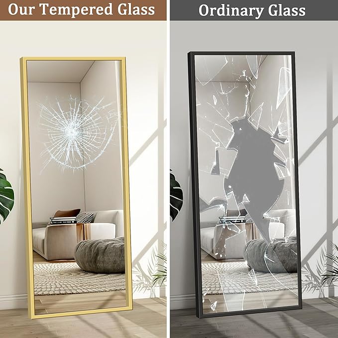 GlasFlength Full Length Mirror with Stand, 64"x21" Full Body Mirror with Aluminum Alloy Frame, Wall-Mounted/Leaning Against Wall/Standing Floor Mirror for Bedroom, Living Room, and Entryway