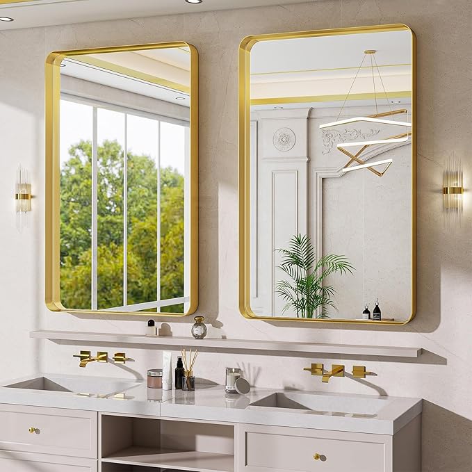 Bathroom Mirrors for Over Sink 30 x 48 Inch Rounded Corner Rectangle Bathroom Vanity Mirror Bathroom Mirror for Wall Hangs Horizontally or Vertically for Living Room Bedroom Entryway Gold