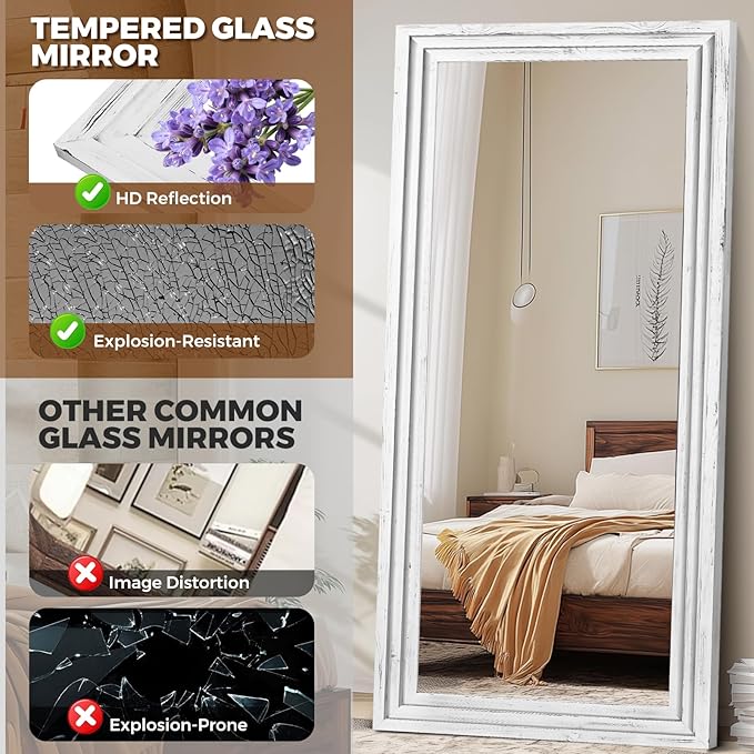 Full Length Wood Mirror 76x34 - Rustic Solid Wood Floor Mirror with Triple Layer Frame, HD Tempered Glass, Wall Mounted or Leaning Standing Mirror Vintage White Mirror for Bedroom Bathroom Living Room