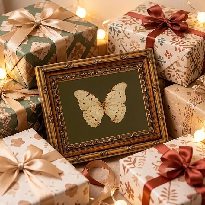 Vintage Gold Framed Wall Art Classical White Butterfly Wall Art Small Moody Insect Green Wall Decor Picture Antique Cottagecore Moth Gallery Aesthetic Poster Print for Living Room Bedroom 12x16in