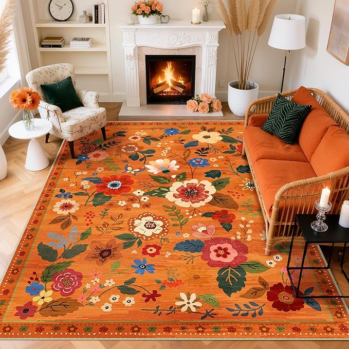 RELEANY Floral Nursery 6x9 Area Rugs Washable Print Boho Cute Carpet Non Slip Flower Low Pile for Living Room Kids Girls Playroom Bedroom Kitchen Office Farmhouse-Burnt Orange