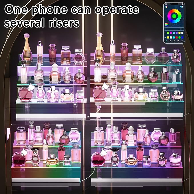 16” Acrylic Display Organizer with LED Light - 3 Tier Perfume Stand and Display Step Shelves Holder, Cologne Organizer for Men, Figures Stand, Porta Perfumes Para Tocador, Clear Riser, Dessert Shelf