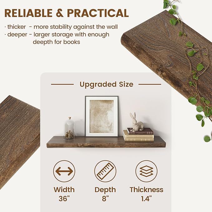 Venusmiles Live Edge Elm Floating Shelves for Wall Decor, Rustic Solid Wood Shevles Wall Mounted with Invisible Bracket for Living Room Bathroom Bedroom Kitchen, 36 Inch Set of 2, Walnut