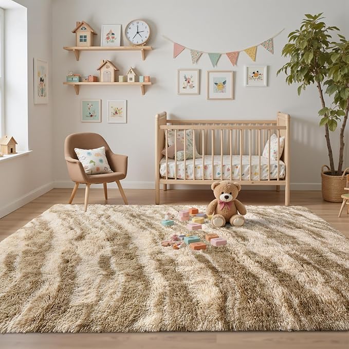 4x6 Feet Area Rugs for Bedroom, Zebra Khaki Plush Fluffy Shaggy Living Room Rugs Non-Slip, Ultra Soft Carpet for Nursery Kids PlayRoom Dorm Office Indoor