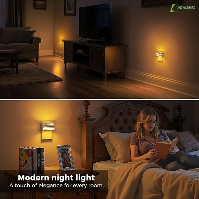 L LOHAS LED Modern Plug in Night Light with Dusk to Dawn Sensor, 2000K Amber Warm Night Lights Plug into Wall, Dimmable Night Light for Bedroom, Bathroom, Kids' Room (White, 2 Pack)
