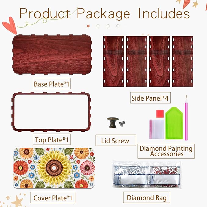 Diamond Art Painting Storage Box Kit, DIY Rectangular Wooden Decorative Container Holder with Lid, Snack Jewelry Gem Art Organizer Case for Adults (Sunflower)
