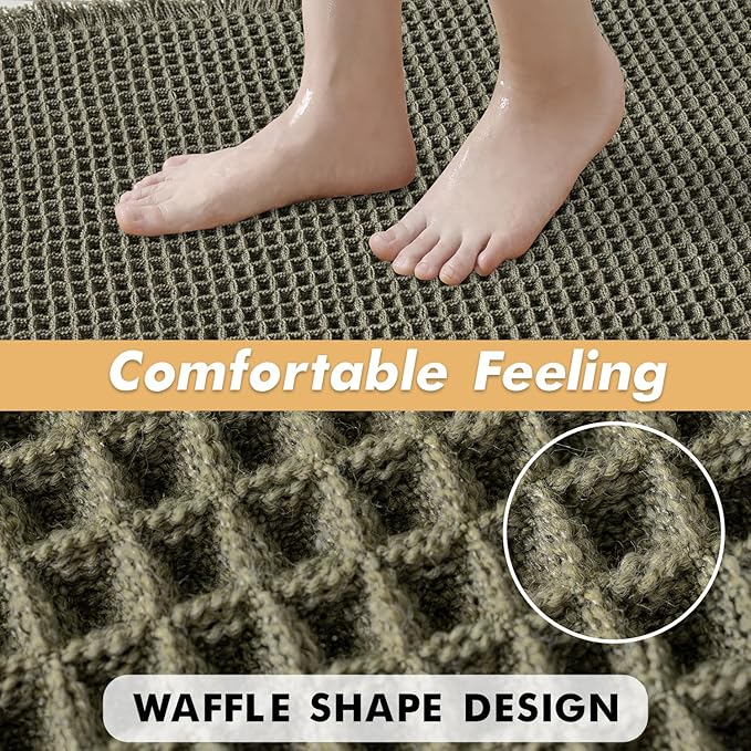 MIULEE Set of 2 Waffle Bathroom Rugs, Boho Bath Rugs Non Slip Washable, Super Absorbent Bath Mats, Ultra Soft Rubber Backed Shower Mats for Bathroom Floor, Tub, Green, 17"x24"+17"x48"