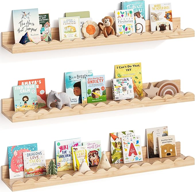 G&W Gruwald Nursery Book Shelves, Set of 3, Nursery Decor for Baby and Toddler, Scalloped Shelves, Book Shelf for Kids Rooms, Wall Book Shelf for Bedroom Kids (Wood, 36 Inches)