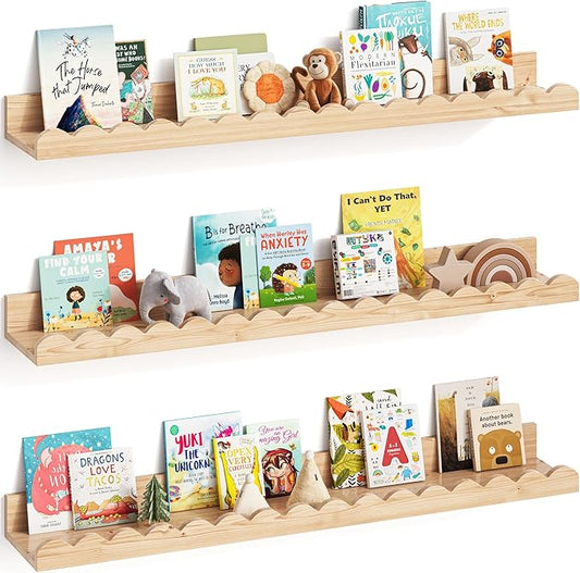 G&W Gruwald Nursery Book Shelves, Set of 3, Nursery Decor for Baby and Toddler, Scalloped Shelves, Book Shelf for Kids Rooms, Wall Book Shelf for Bedroom Kids (Wood, 36 Inches)