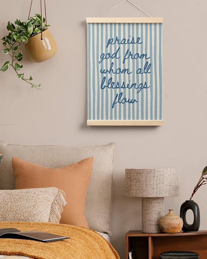FGFK Trendy Blue Christian Wall Art Poster Hanger Frame, Trendy Striped Praise God From Whom All Blessing Flow Bible Verse Scripture Canvas Prints Framed Wall Decor for Room Home Dorm, 12x16 Inch